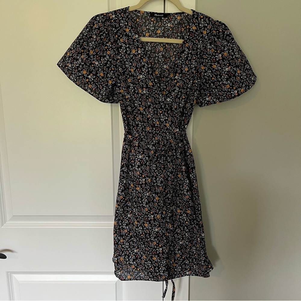 Madewell Black Floral Mini Dress with Orange and White Accents